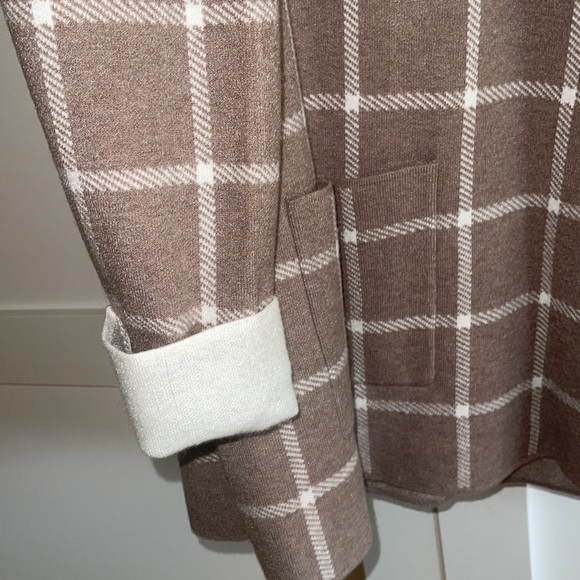 Jones & Co, Jones New York Cardigan, beige with white window-pane plaid. - Picture 3 of 10